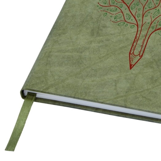 Green Stone Paper Notebook With Red Branding On The Cover